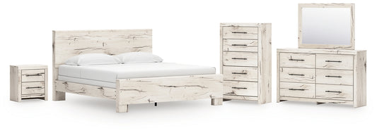 Lawroy King Panel Bed with Mirrored Dresser, Chest and Nightstand