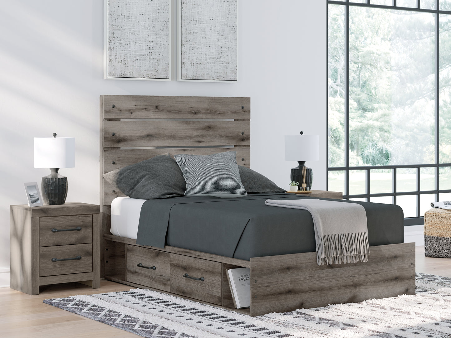 Graystorm Full Panel Bed with Storage with Mirrored Dresser and Nightstand