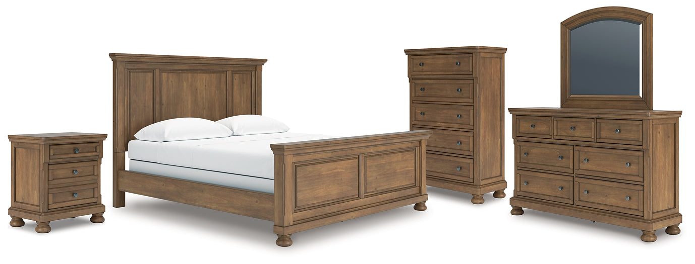 Feddinger California King Panel Bed with Mirrored Dresser, Chest and Nightstand