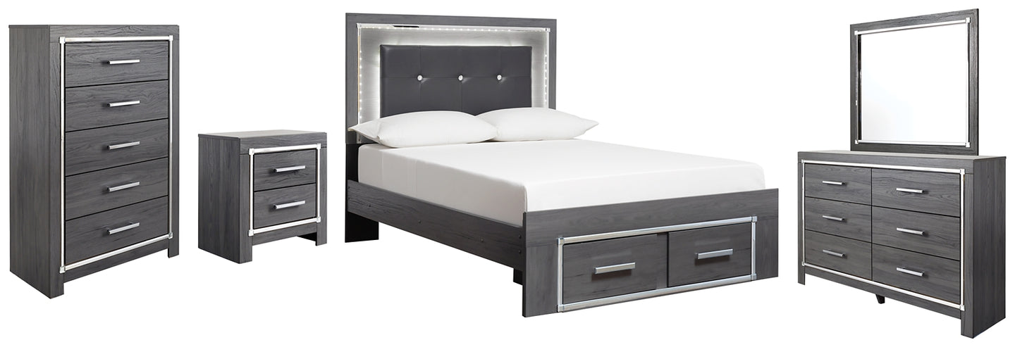 Lodanna Full Panel Bed with 2 Storage Drawers with Mirrored Dresser, Chest and Nightstand