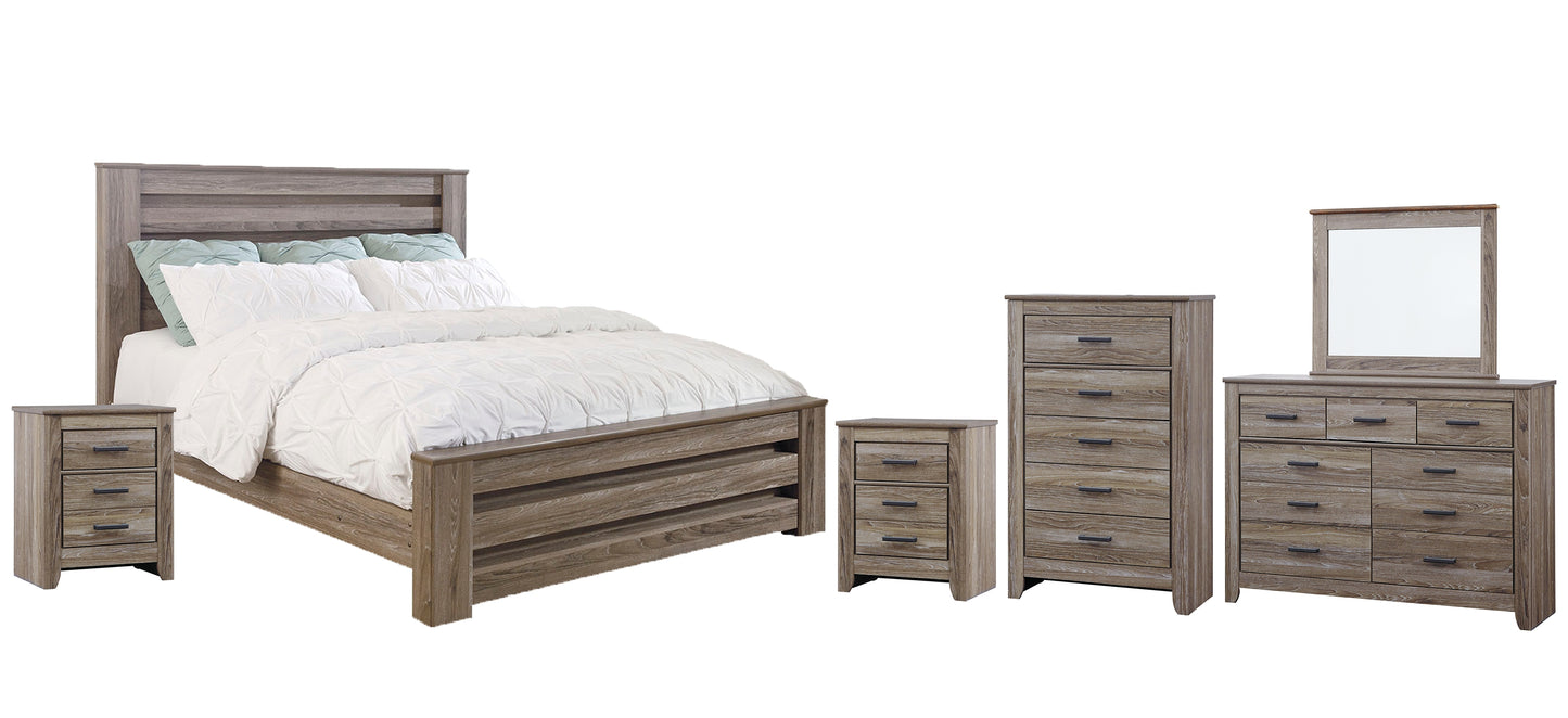 Zelen King Panel Bed with Mirrored Dresser, Chest and 2 Nightstands