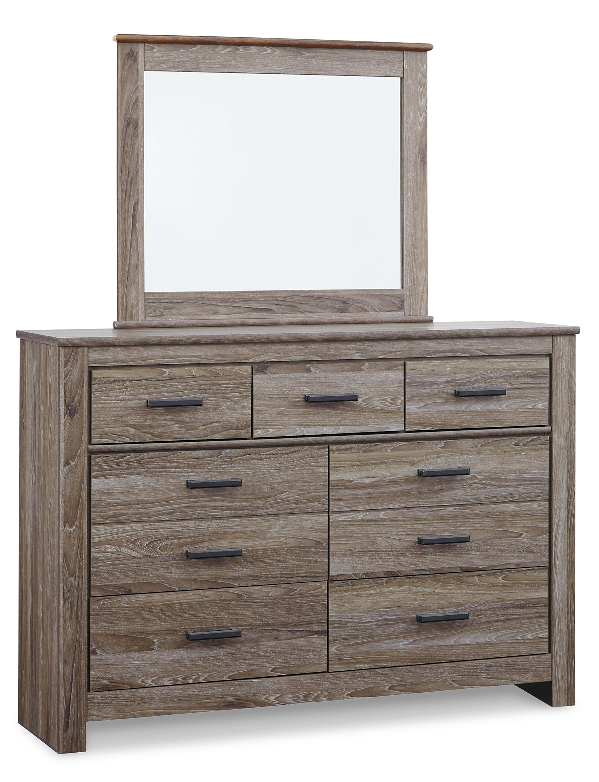 Zelen Queen Panel Bed with Mirrored Dresser and Chest